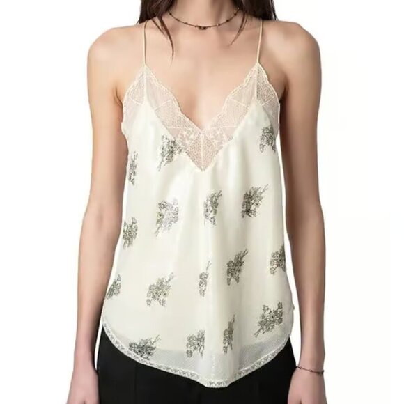 Zadig Voltaire Christy Floral Sequined Camisole Cream Lace Lingerie Tank Top - Picture 8 of 9